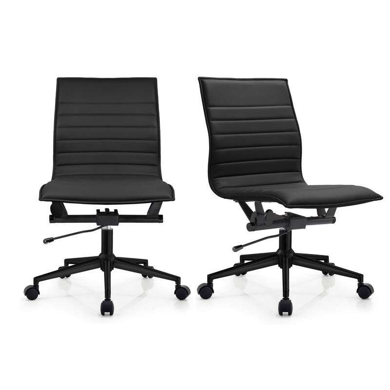 Set of 2 Modern Office Chairs, Upholstered PU Leather Ribbed Armless Mid Back with Metal Frame, Adjustable Height, Tilt - All Black