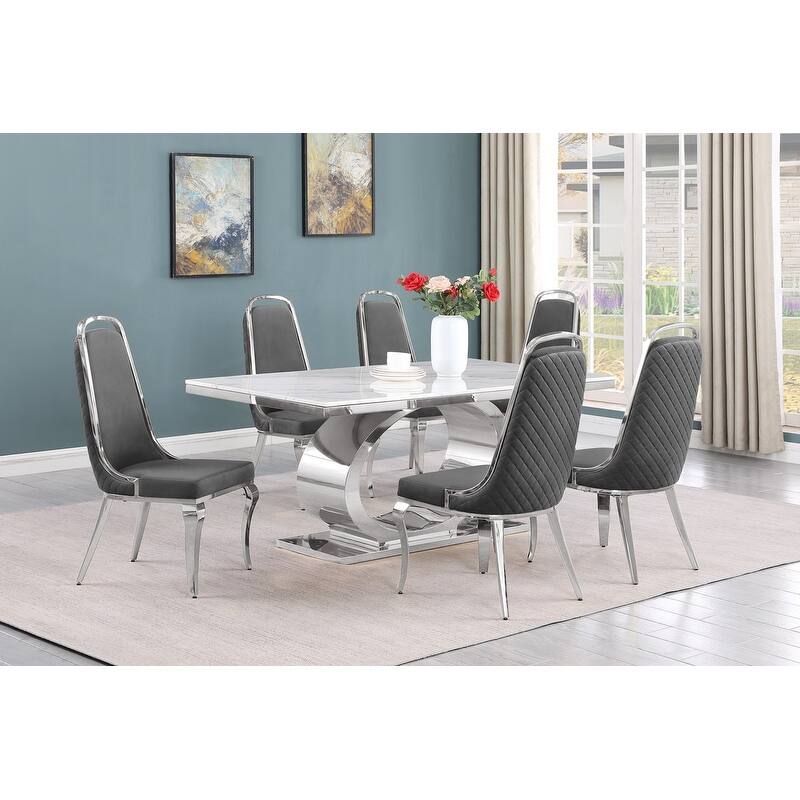 Best Quality Furniture D430/1-SC310-7 Dining Set with 68" White Marble Top - 7-Piece - Dark Grey / Silver