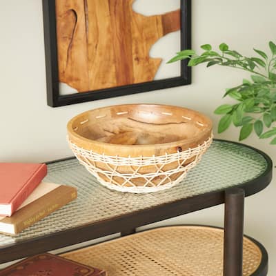 Brown or Black Mango Wood Handmade Decorative Bowl with Woven Rope Accents