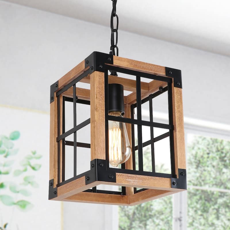 Anmytek Farmhouse Rustic 1-Light Wood Foyer Pendant Lights Industrial Kitchen Island Lights