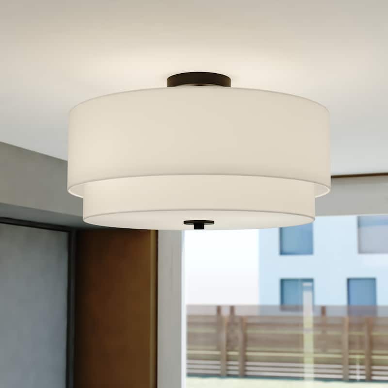 Burnaby White Linen Semi-flush Drum Ceiling Light - Black - 20.5-in W x 10.75-in H x 20.5-in D