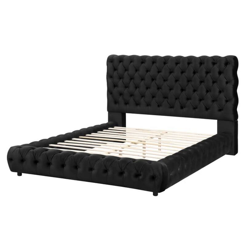 James Queen Size Bed, Platform Style, Button Tufted Black Velvet Upholstery
