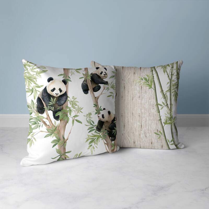 Climbing Panda Faux Suede Reversible Throw Pillow Beige and Green