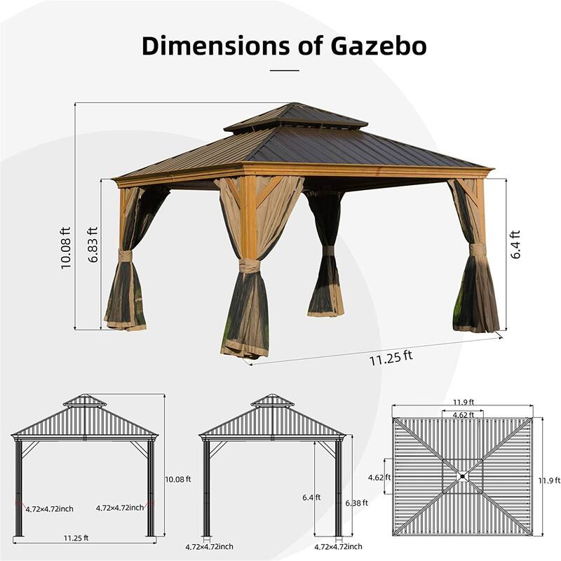 GDFStudio - Terry Outdoor Aluminum Hardtop Gazebo with Galvanized Steel Double Roof, Curtains & Netting