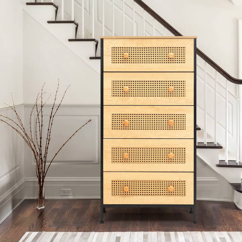 5-Drawer Closet Dresser Chest PE Rattan Storage Tower Organizer Cabinet