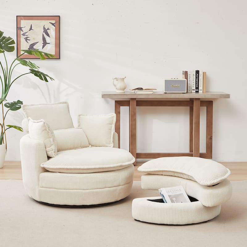 52" Upholstered Swivel Barrel Chair with Moon Storage Ottoman