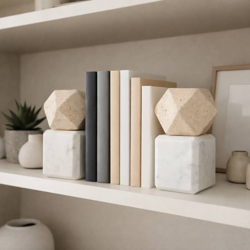 Decorative Marble Bookends with Hexagon Orb - Set of 2, 6"
