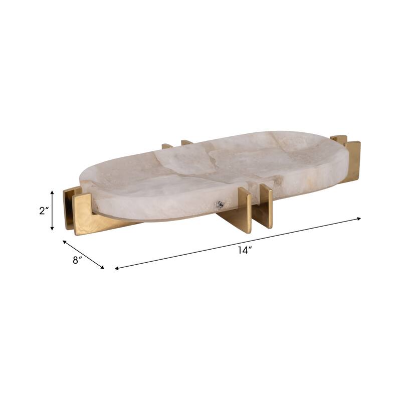 Sagebrook Home Quartz-Inspired 14" White Stone Tray With Gold Iron Details, Trays and Plates, Solid White - 14" x 8" x 2"
