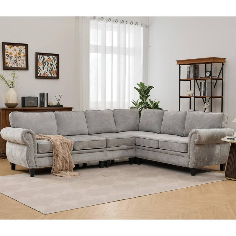 109.5" Chenille 6-Seater L-Shaped Sofa with Rolled Armrests