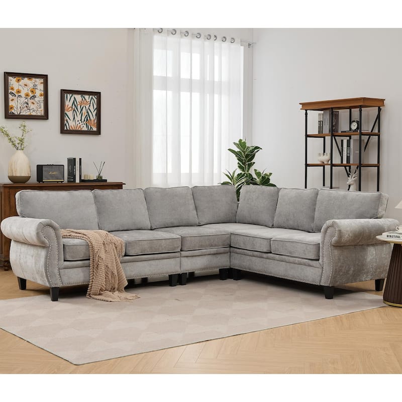Modern Chenille Fabric Modular L Shaped Sectional Sofa Couch,6 Seater