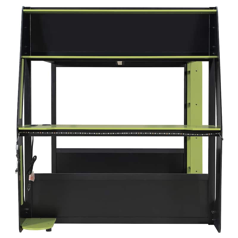 Esports Loft Bed Full Over Full Bunk Bed Frame with Side Mounted Desk, Light Strip, Charging Station and Cable Grommet