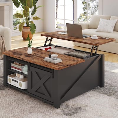 Coffee Table Lift Top Square Center Table Barn Door Adjustable Shelves