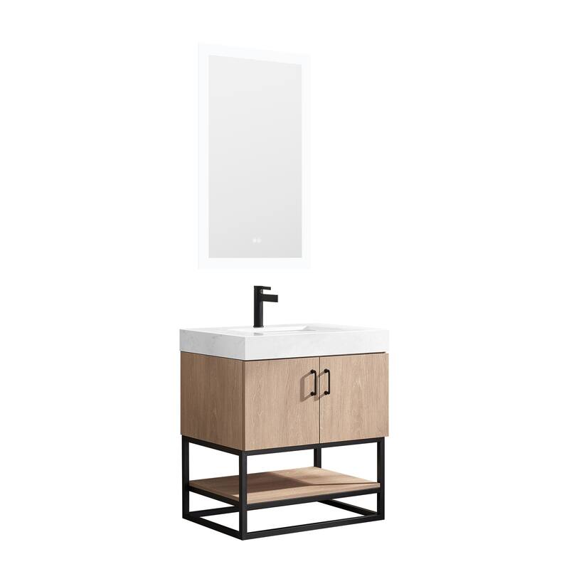 Alistair Single Bath Vanity with White Grain Stone Top & Mirror - 30" - North American Oak(Black Hardware)