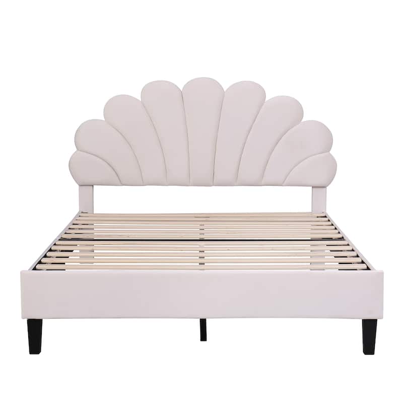 Upholstered Platform Bed, Velvet Fabric Bedframe with Flower Pattern Headboard & 12 Wood Slat Support, No Box Spring Needed