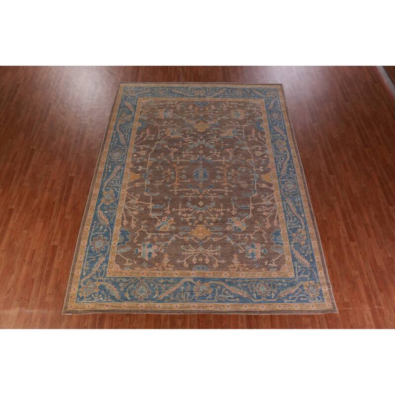 Hand Knotted Oriental 100% Wool Carpet Transitional All-Over Brown Oushak Area Rug - 12' 4'' X 9' 5''