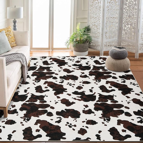 slide 2 of 7, Cow Print Area Rug Bohemian Cowhide Pattern Natural Jute Round Rug for Living Room Bedroom 6'x9' - Black and tan fusion