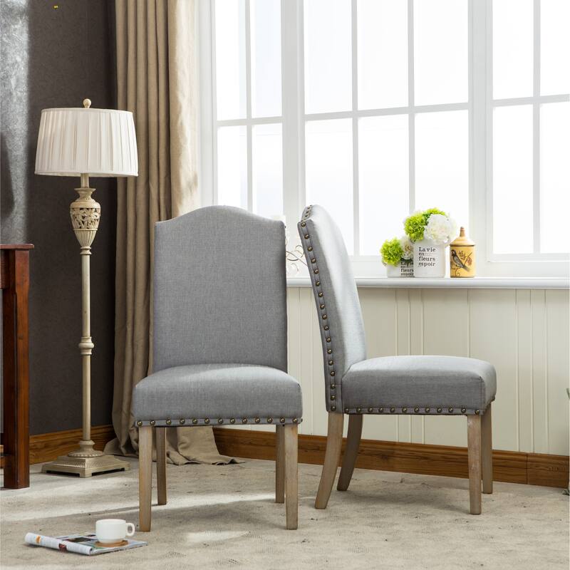 Nailhead Tan Fabric Padded Parson Chair, Solid Wood Dining Chairs Set of 2, Kitchen Dining Room Furniture Dining Chairs