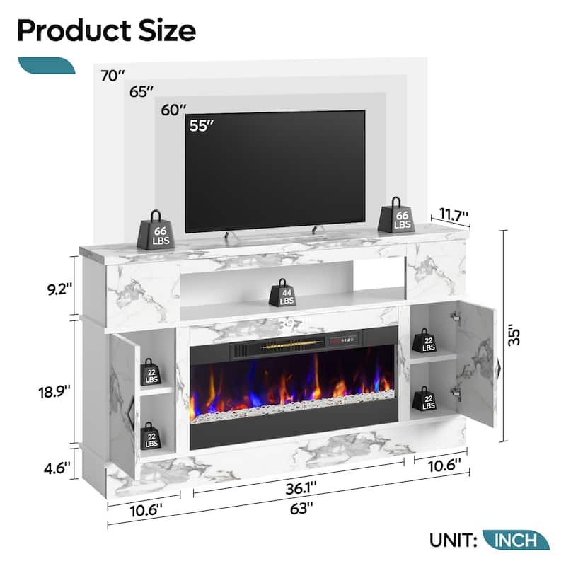 Bestier 63 in. White Marble Freestanding Electric Fireplace TV Stand Fits TV Up to 70 in. Entertainment Center with Cabinet