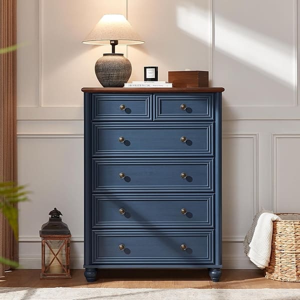 6-Drawer Farmhouse Dresser, Rustic Blue Chest with Roman Column Design,  43.5 Inch Tall Storage Organizer - Navy Blue - Bed Bath & Beyond - 43617286
