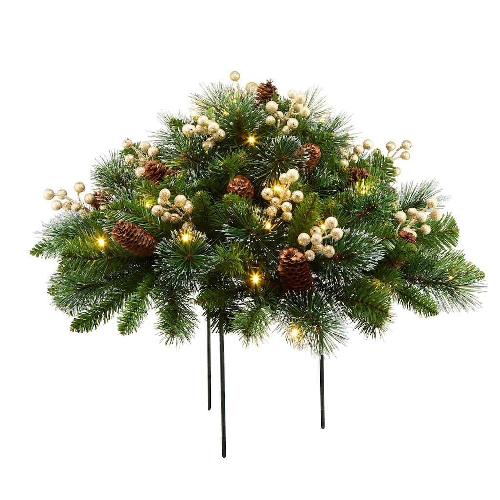 National Tree Company 18 in. Pre-lit Crestwood Gold Spruce Urn Filler with Silver Bristle, Pinecones, Gold Berries