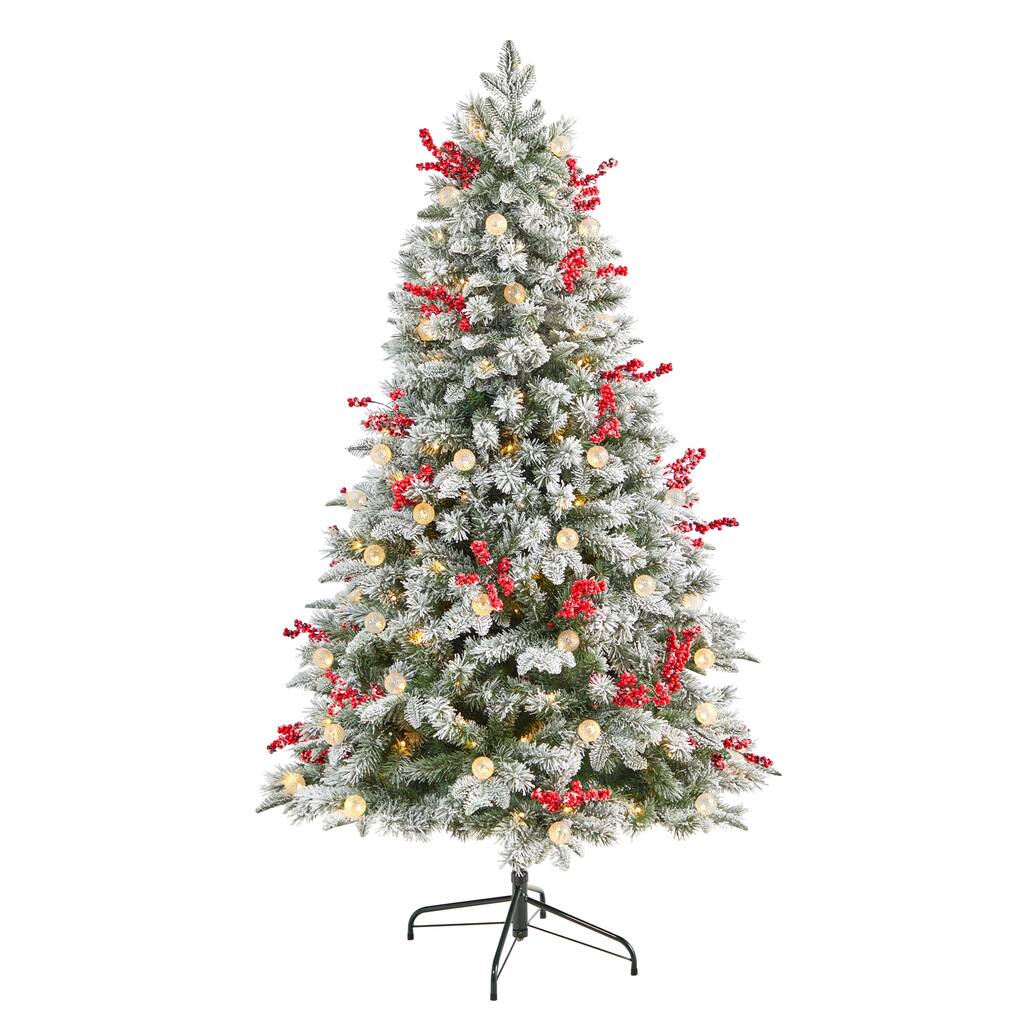 6’ Pre-Lit Flocked Artificial Christmas Tree, Warm Clear LED Lights - 6 Foot