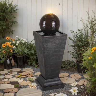 35.5"H Dark Brown Concrete Tall Column Fountain-LED Light Retro Outdoor Oasis, Durable Decor Feature