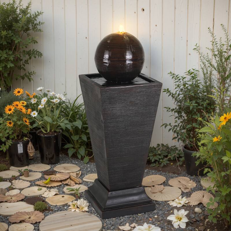Roomfitters 35.5-Inch Tall Column Outdoor Fountain with Sphere Topper and LED Lights, Concrete Retro Garden Oasis, Dark Brown