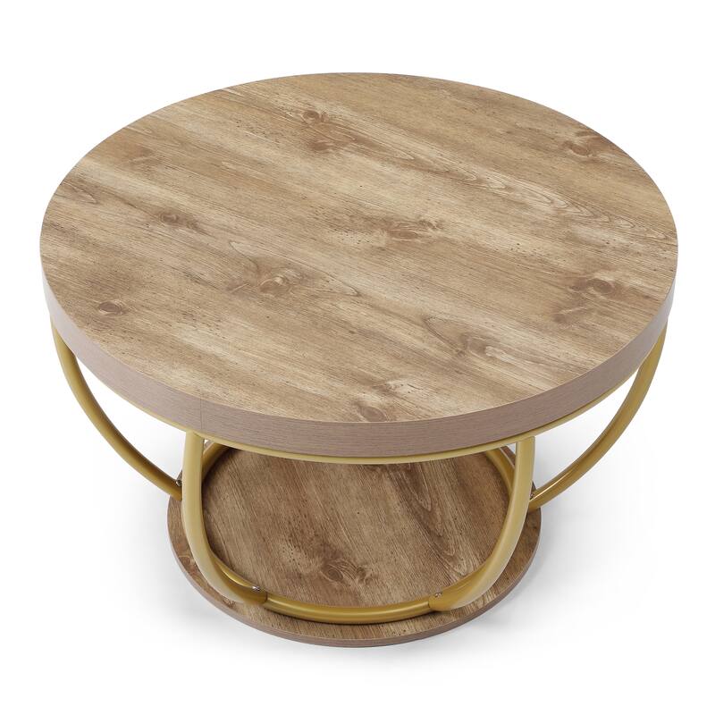 31" Round Industrial Coffee Table with 2-Tier Storage Shelves, Modern Wood & Golden Metal Accent Center Table