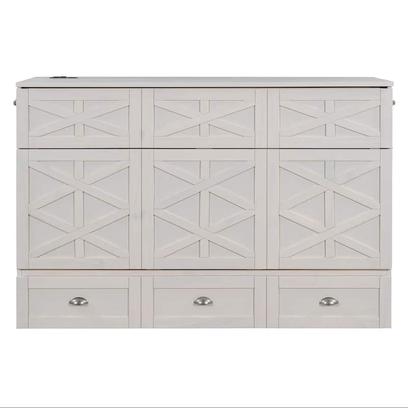 Queen Size Murphy Bed with Large Drawers,Brushed White