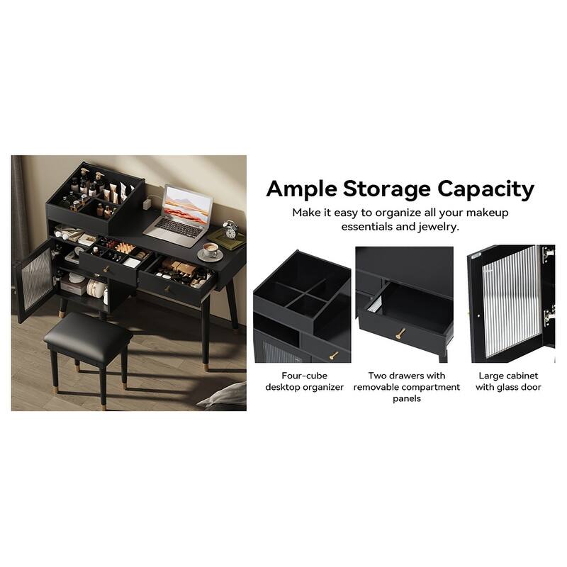 Anmytek Black and Gold Vanity Desk with Stool Makeup and Writing Desk for Bedroom