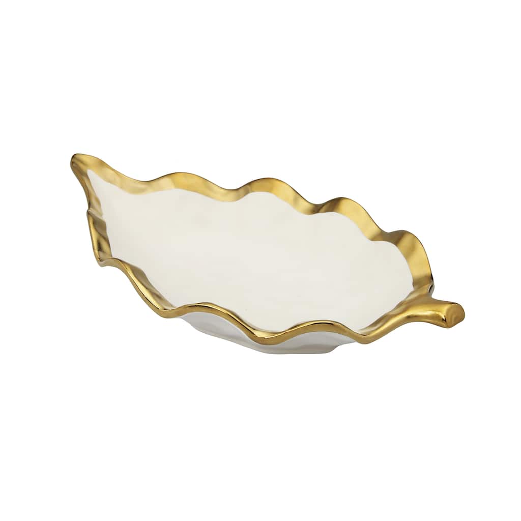 Alice Pazkus 11"L Gold White Porcelain Leaf Shaped Dish
