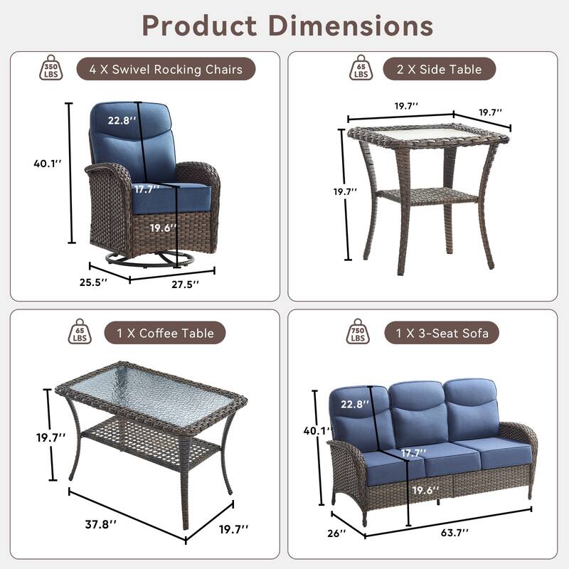 Pocassy 8-Piece Outdoor Patio Sofa Swivel Chair with Table