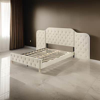 Ronny Inch Queen Size Bed, Wall Headboard, Beige Linen Tufted Upholstery