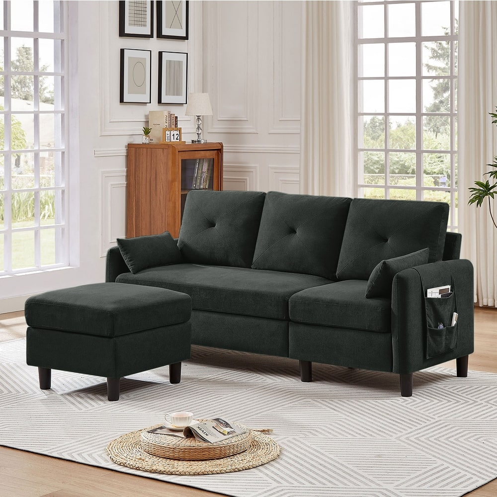 77.36" L Shaped Sectional Sofa with Side Storage Pocket and Reversible Ottoman