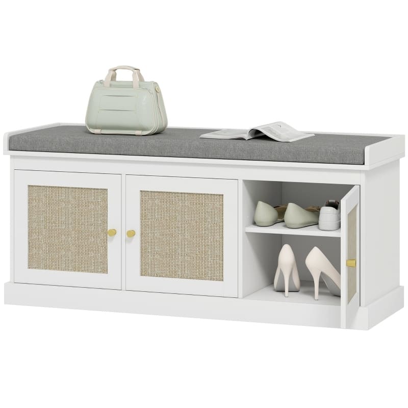 Shoe Storage Bench with Woven Rattan Doors, Shoe Bench with Cushion