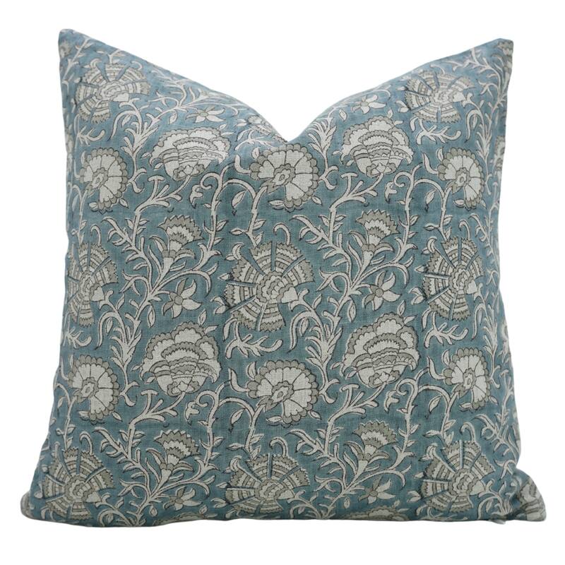 Fabdivine Polka Dots Grey Pure Linen Cushion Cover Soft, 12x20 Inches Handmade Block Print Bedroom or Farmhouse Décor, Shivri - Pillow Covers - Sonakshi- Light Blue - 14" x 14"