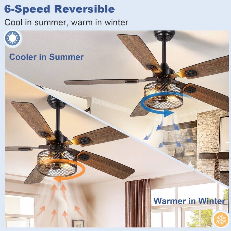 42-52Inch Caged Ceiling Fans with Lights: Dual Finish 5 Blades - Rustic with Remote Control (E26 Bulb Included)