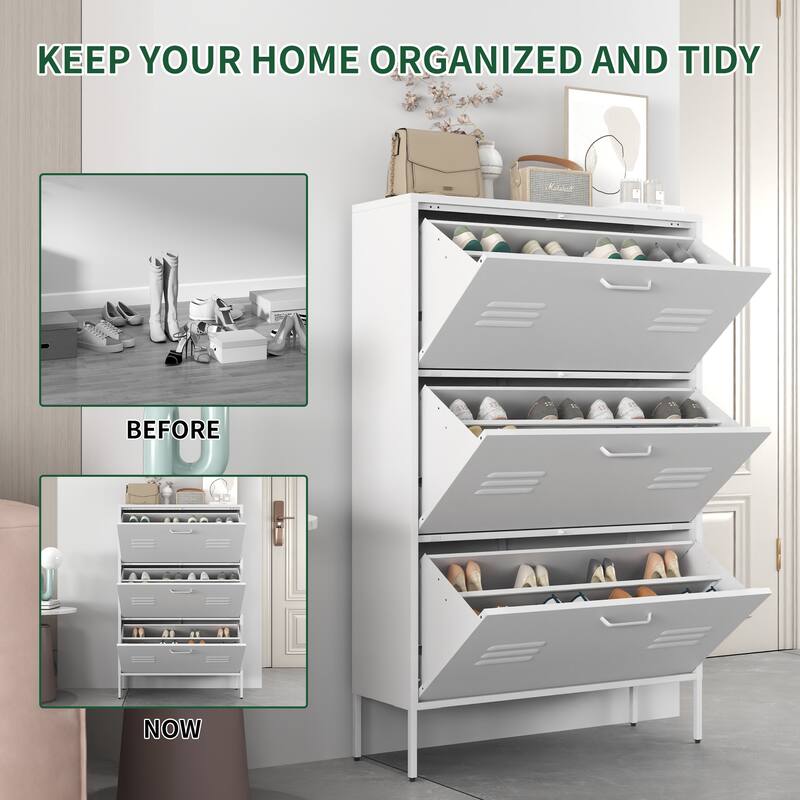 Shoe Cabinet with 3 Flip Drawers, Hidden Slim Steel Shoe Storage Cabinet, Narrow Shoe Rack Cabinet with Metal Legs
