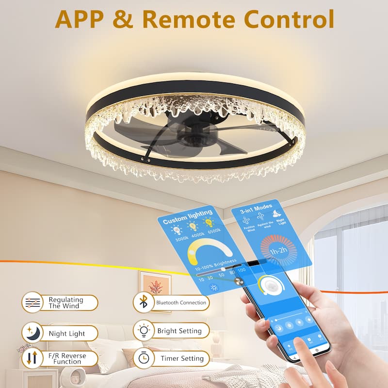 20" Black Smart Ceiling Fan Light with Silent Function