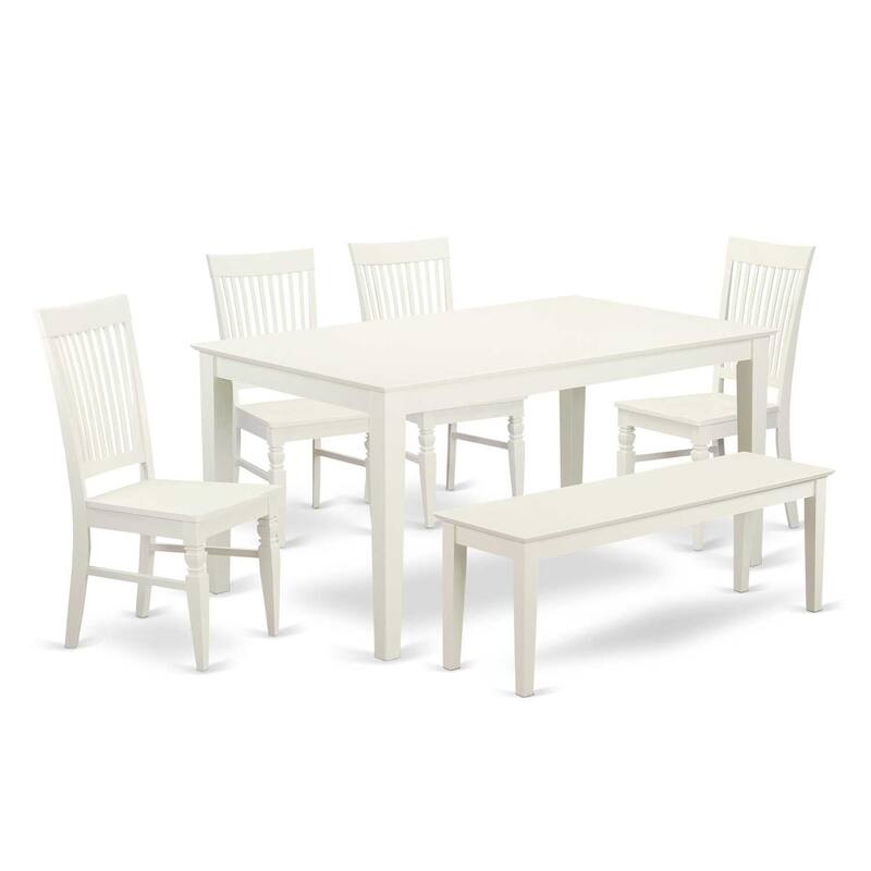HomeStock 6-Piece Rectangle Linen White Finish Solid Wood Top Dining Table with 1-Bench, 4-Chairs with Lattice Back