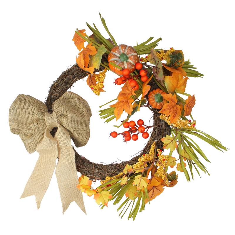 Orange Pumpkins Berries with Bow Artificial Wreath - 20-Inch, Unlit