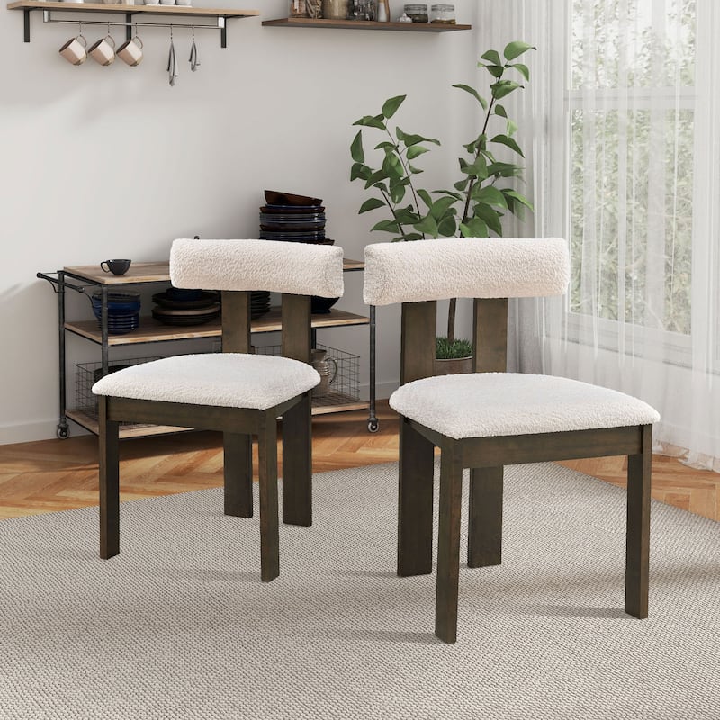 2 PCS Wooden Dining Chairs, Modern Boucle Upholstered Mid Century Side Chairs with Open Back