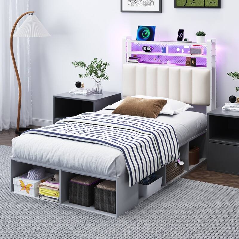 Adjustable Upholstered Headboard with 3 Tier Shelves with Charging Stations and LED Lights, Modern Bed Headboard with Storage