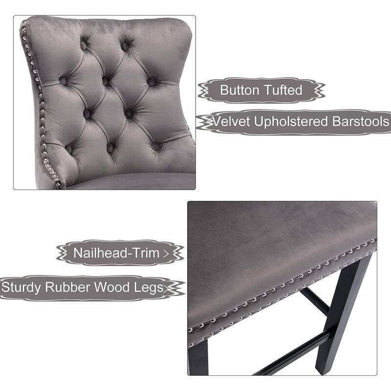 Button Tufted Velvet Upholstered Bar Stool with Backs Set of 2,Modern Barstools with Pull Ring, Kitchen Stool with Wood Frame