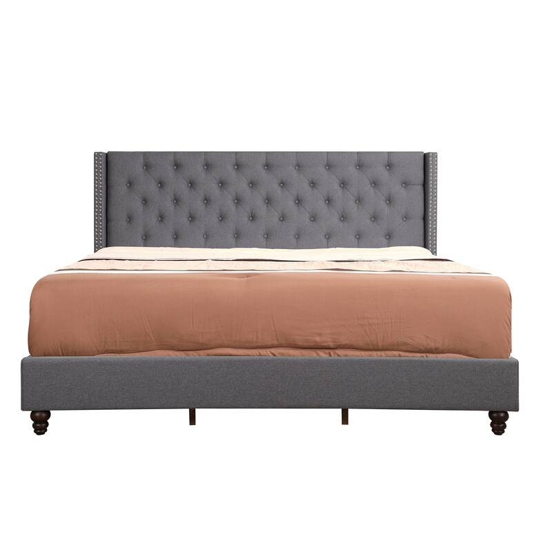 Tufted Upholstered Full Bed - Velvet Panel Bed with Nailhead Trim & Headboard