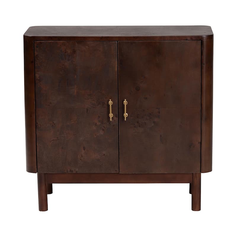Latika Real Burl Wood Storage Cabinet in Dark Walnut Brown - Modern Accent Cupboard with Double Doors and Brass Handles