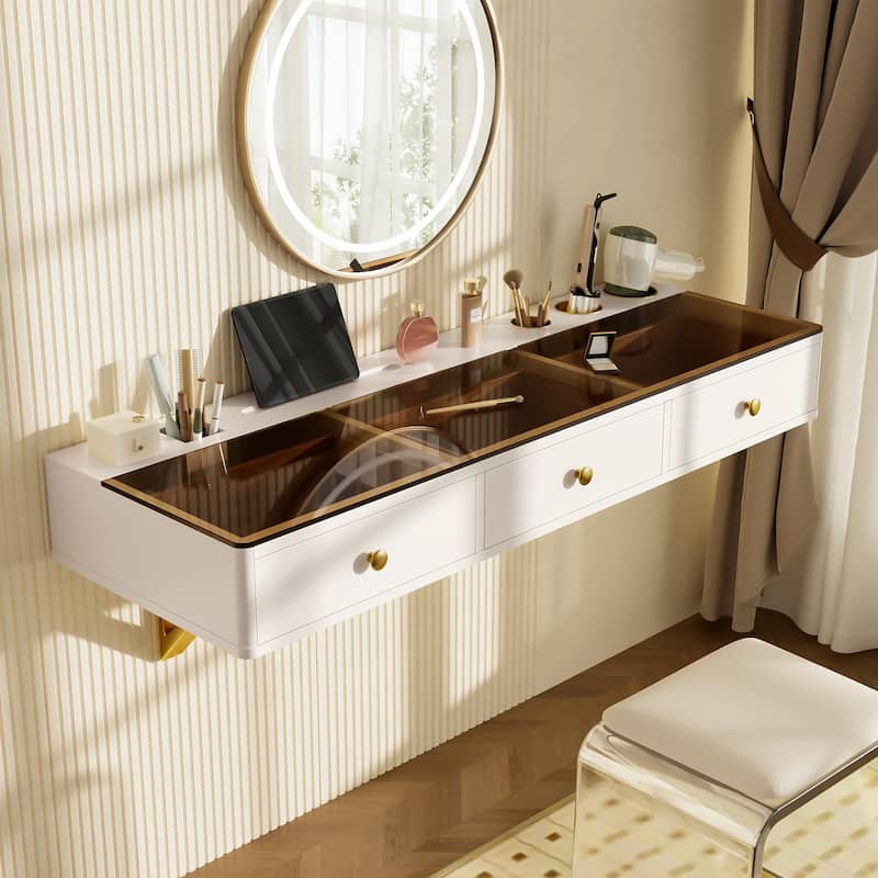 Rossetta 47" Modern Vintage Multi-Purpose Floating Wall-Mounted Vanity Table with Drawers, Storage Compartments