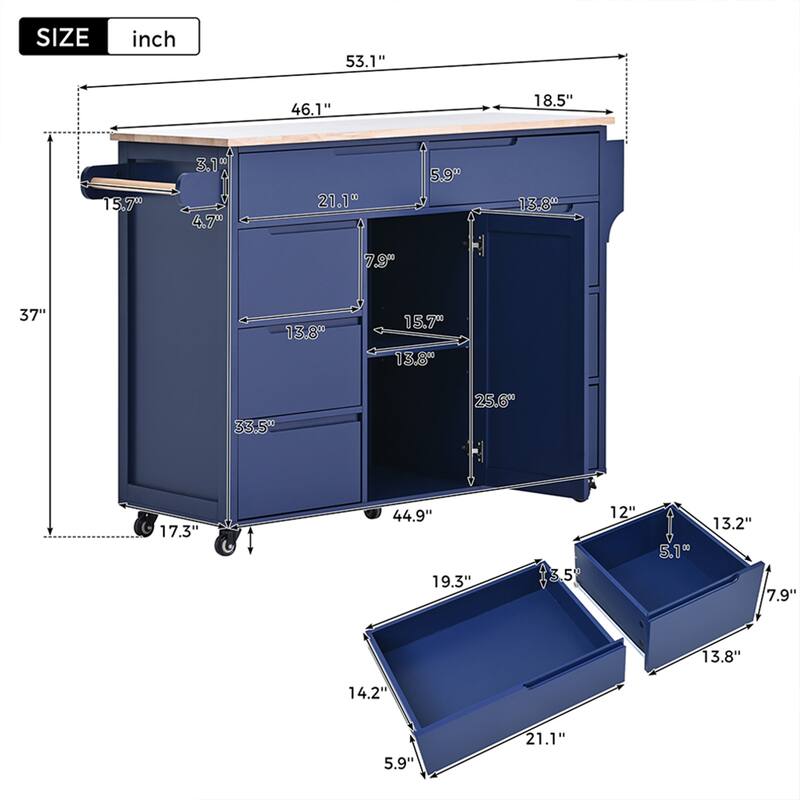 Kitchen Cart With Rubber Wood Countertop, Large Storage Space Flatware Organizer With Spice Rack, Towel Rack