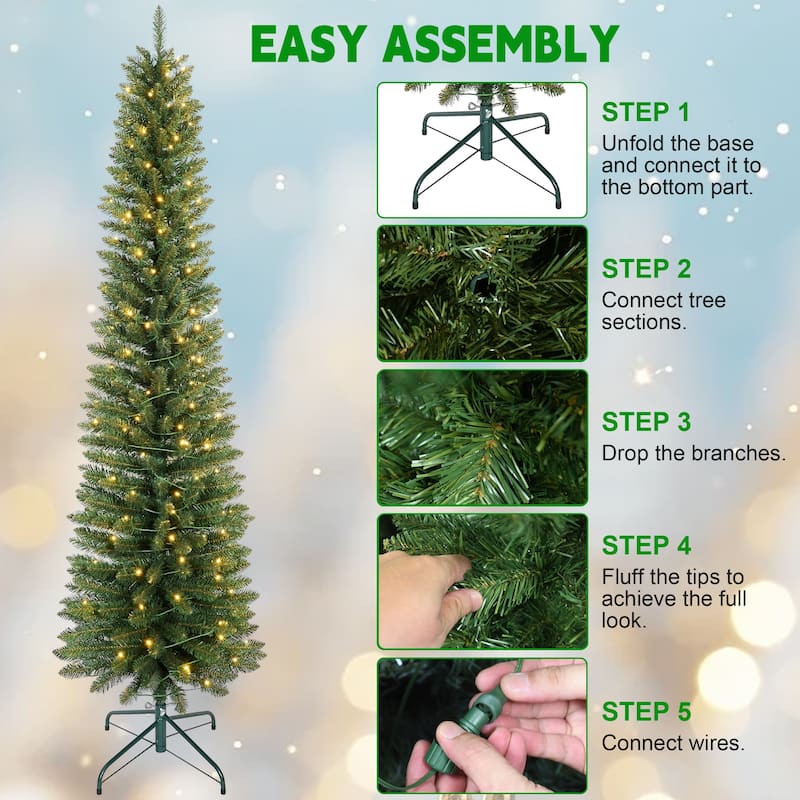 5FT Green Pencil Christmas Tree with 100 Warm White LED Lights-Slim PVC Tree with 263 Tips, Compact Design, Stable Metal Stand
