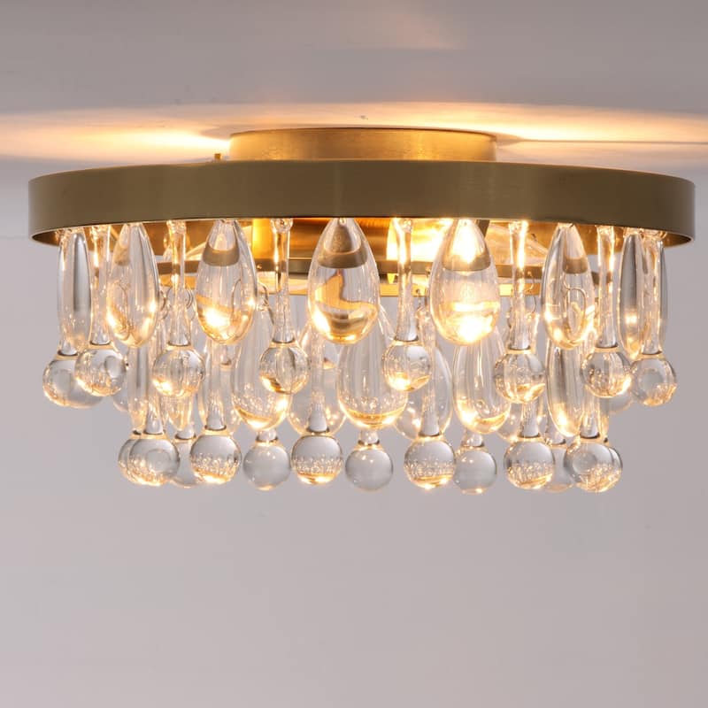 12" 2-Light Modern Chrome/Black Crystal Flush Mount Ceiling Light - Minimalist Crystal Drop Fixture for Bedroom - 2 Light - Gold